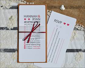 Hannah Wedding invtiation and RSVP. A contemporary design that uses text in a variety of colours and fonts to create the design. A vellum belly band and satin bow wrap around the invitation and RSVP