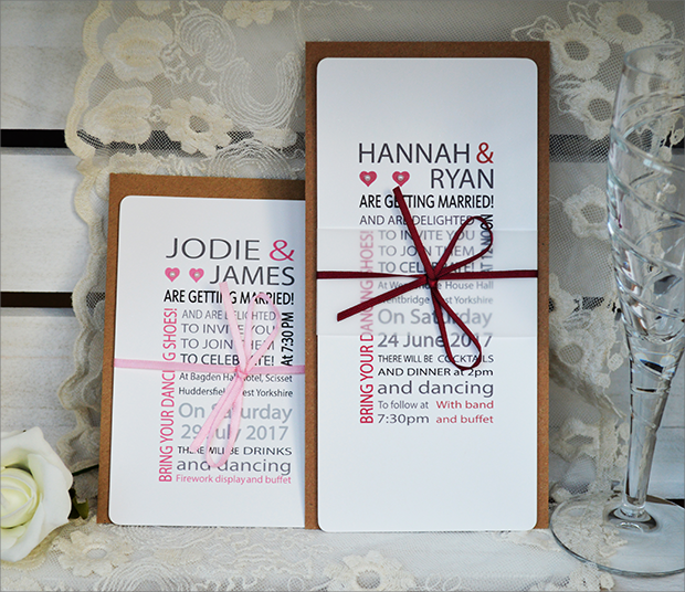 Hannah Wedding invtiation and RSVP. A contemporary design that uses text in a variety of colours and fonts to create the design. A vellum belly band and satin bow wrap around the invitation and RSVP